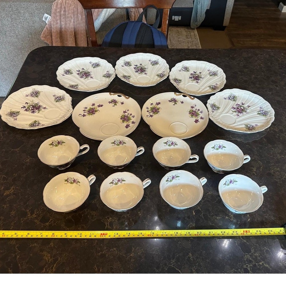 Lefton Vintage Purple Violet China Set 15pc -7 Shell Plates & 8 Cups Gold Rim